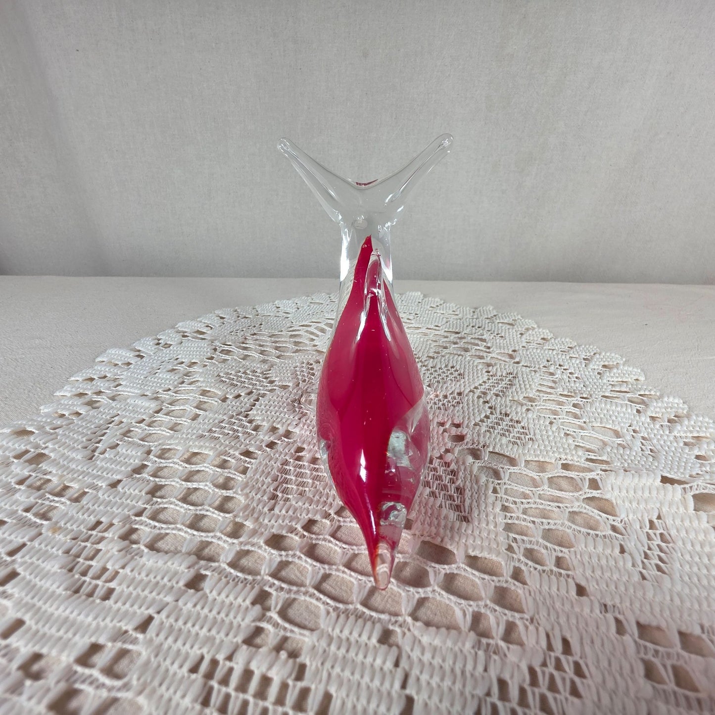 Handcrafted Clear & Red Glass Dolphin Figurine