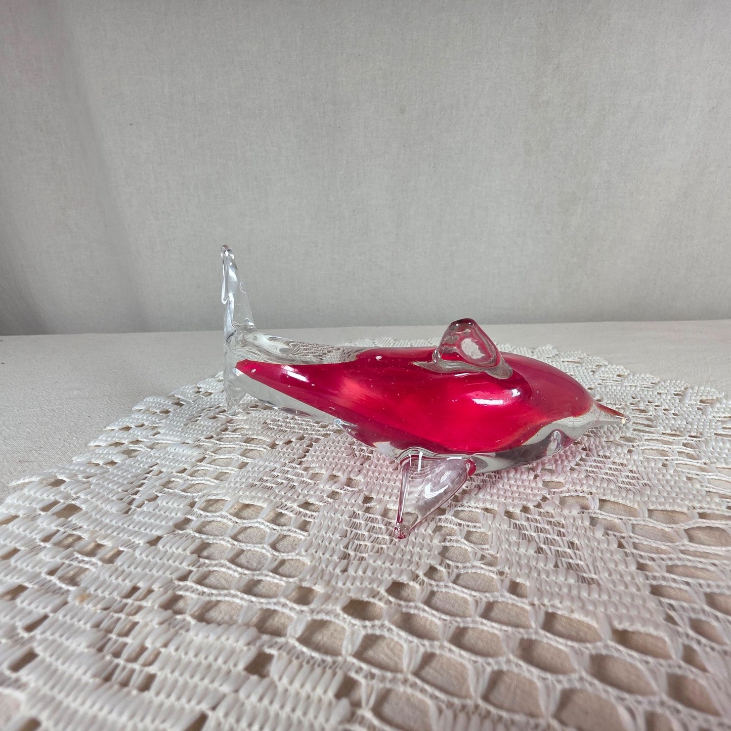 Handcrafted Clear & Red Glass Dolphin Figurine