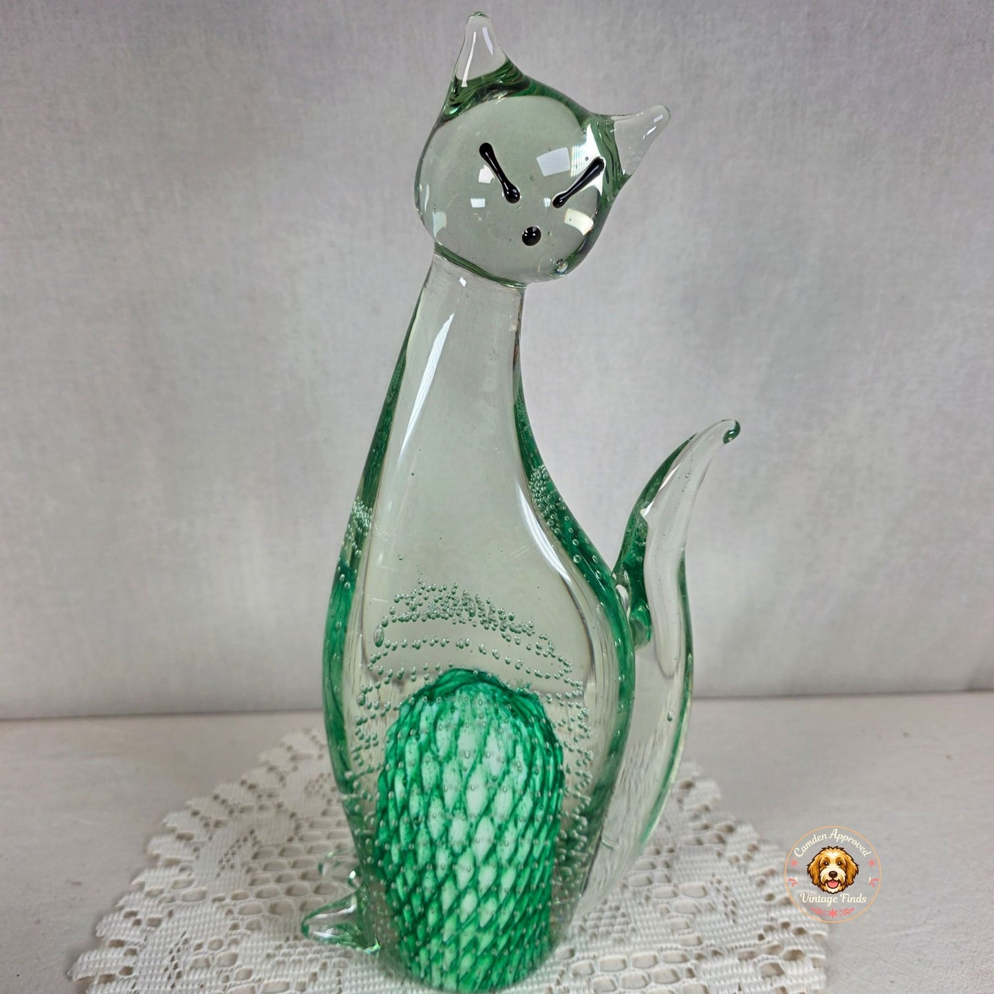 Large Vintage Art Glass Cat Sculpture Green Controlled Bubble Latticino 12" Tall 5lbs.