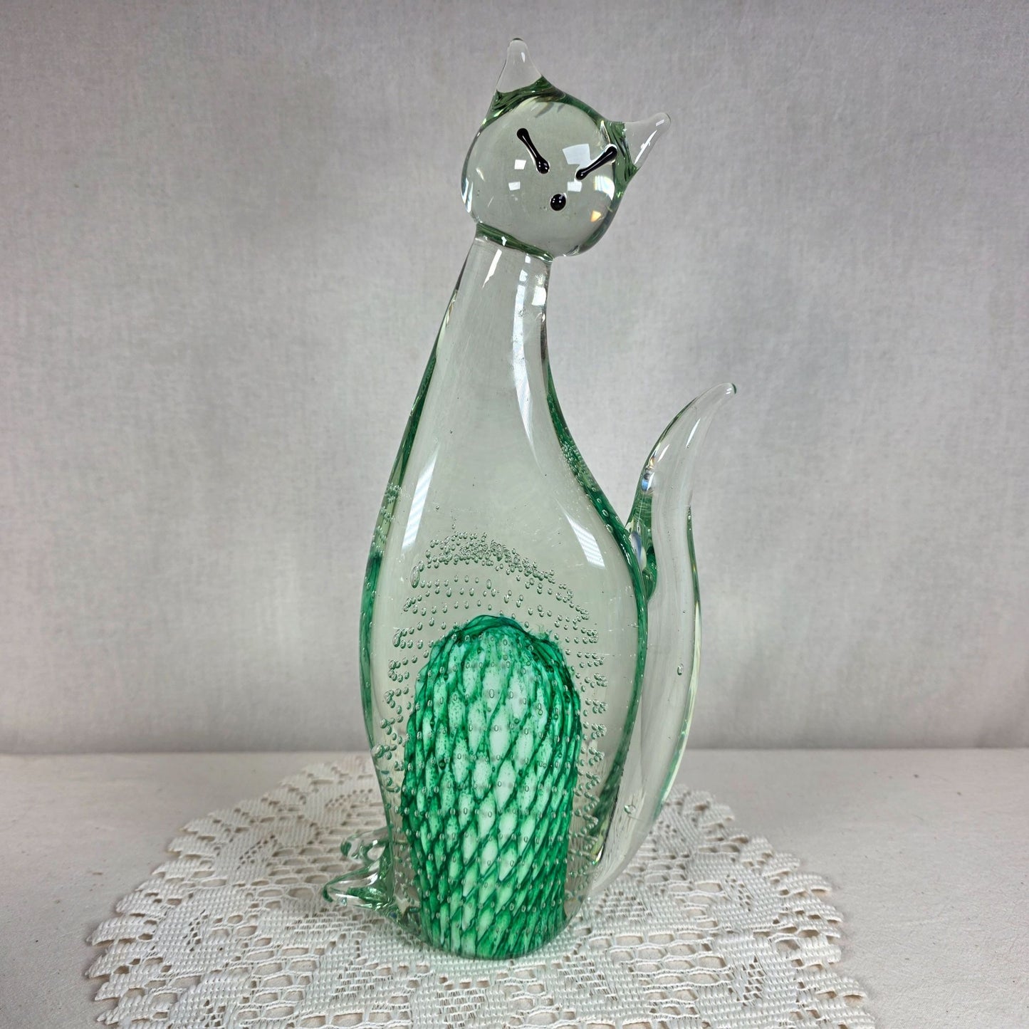 Large Vintage Art Glass Cat Sculpture Green Controlled Bubble Latticino 12" Tall 5lbs.