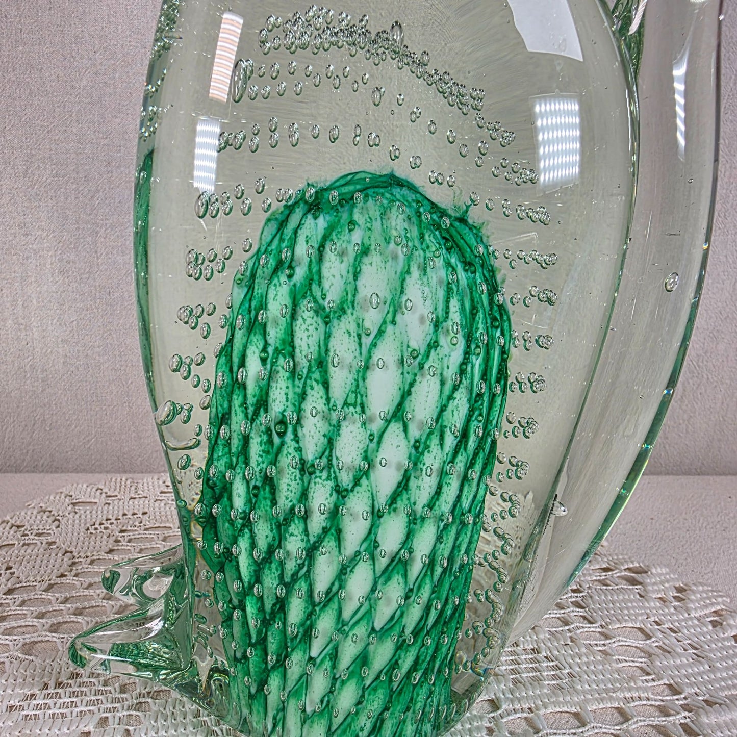 Large Vintage Art Glass Cat Sculpture Green Controlled Bubble Latticino 12" Tall 5lbs.