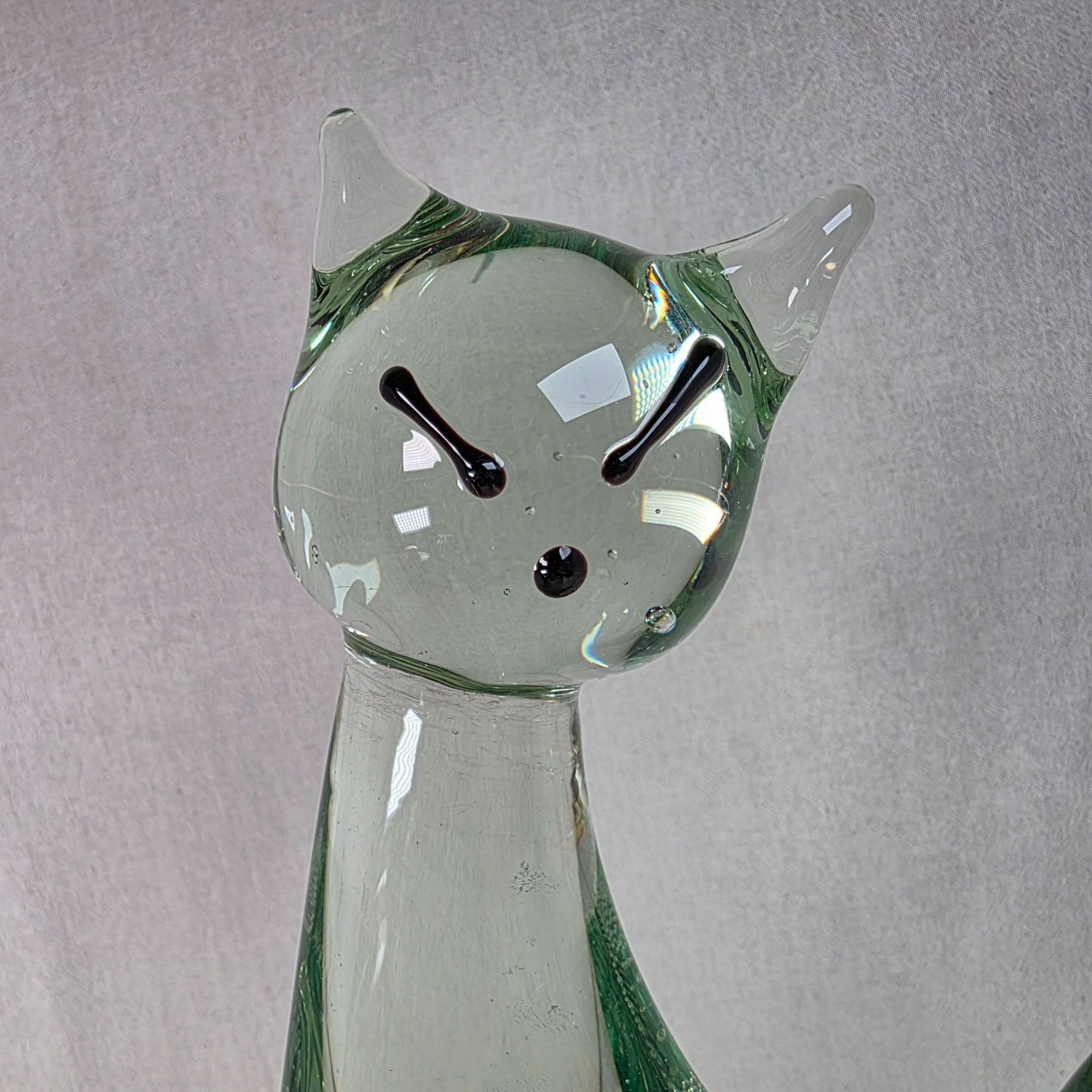 Large Vintage Art Glass Cat Sculpture Green Controlled Bubble Latticino 12" Tall 5lbs.