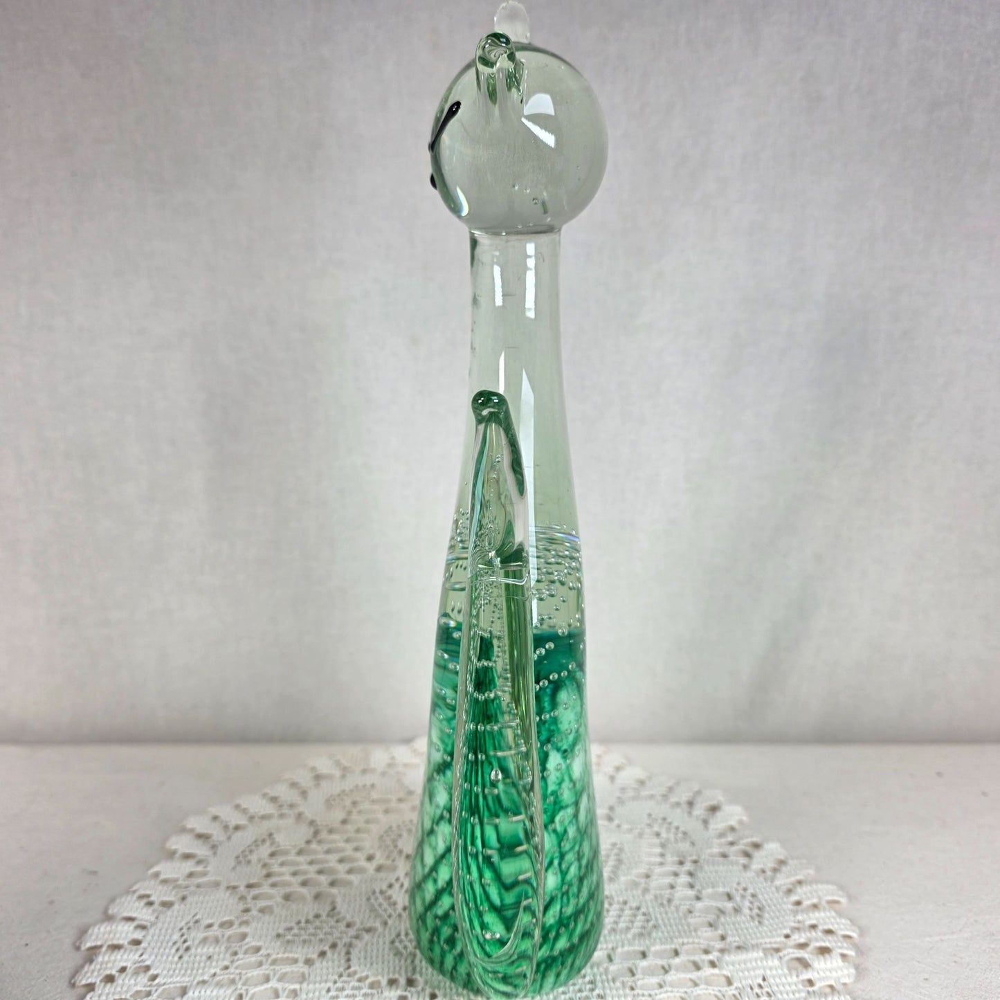Large Vintage Art Glass Cat Sculpture Green Controlled Bubble Latticino 12" Tall 5lbs.