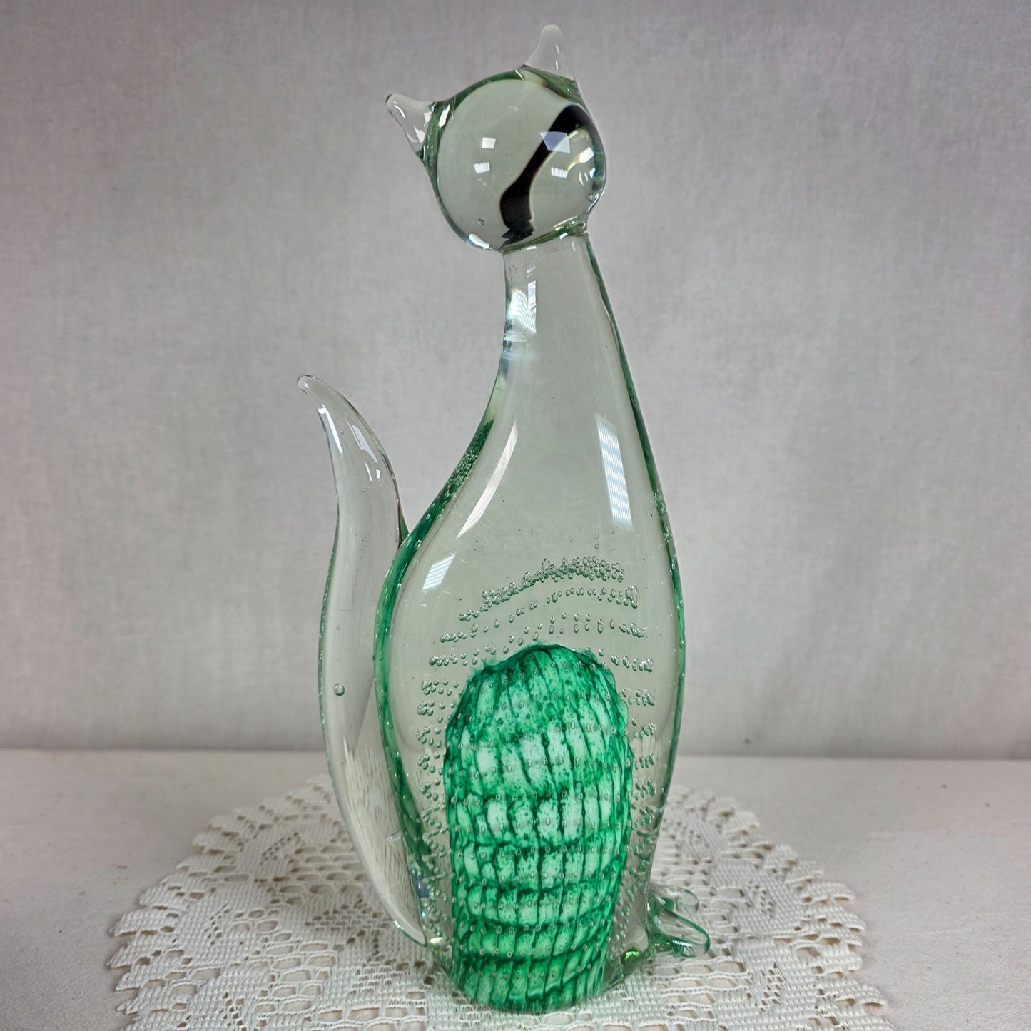 Large Vintage Art Glass Cat Sculpture Green Controlled Bubble Latticino 12" Tall 5lbs.