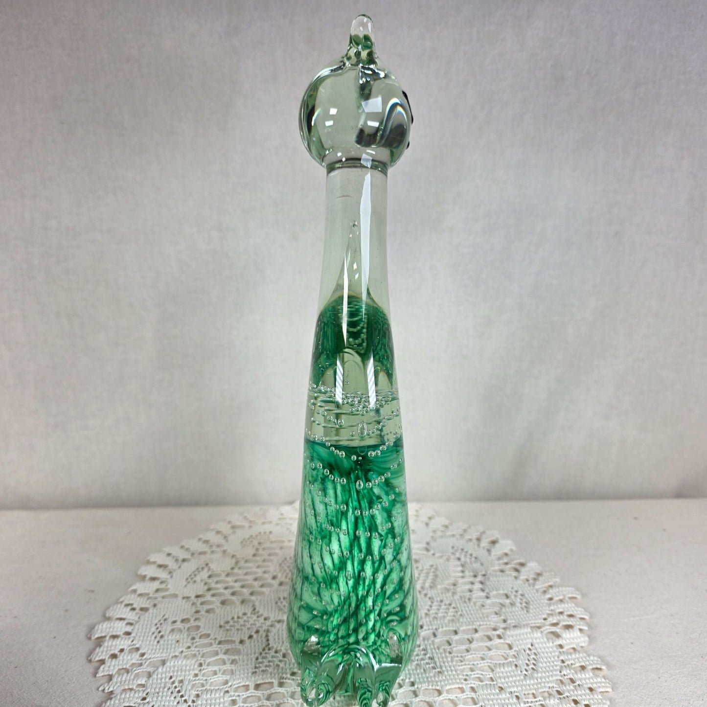 Large Vintage Art Glass Cat Sculpture Green Controlled Bubble Latticino 12" Tall 5lbs.