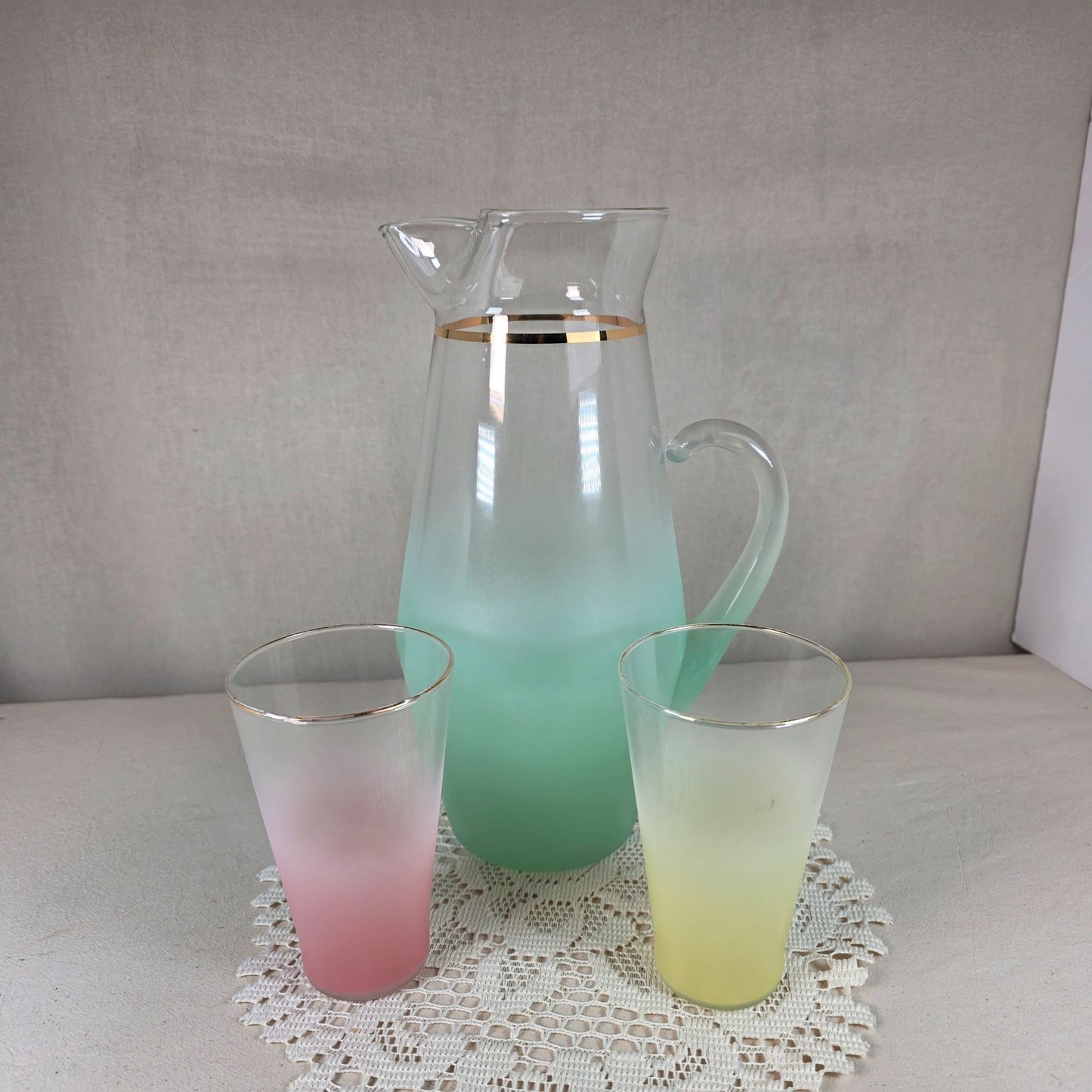 Mid-Century Modern Frosted Glass Pitcher & Two Tumblers With Gold Rim
