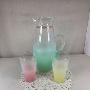 Mid-Century Modern Frosted Glass Pitcher & Two Tumblers With Gold Rim