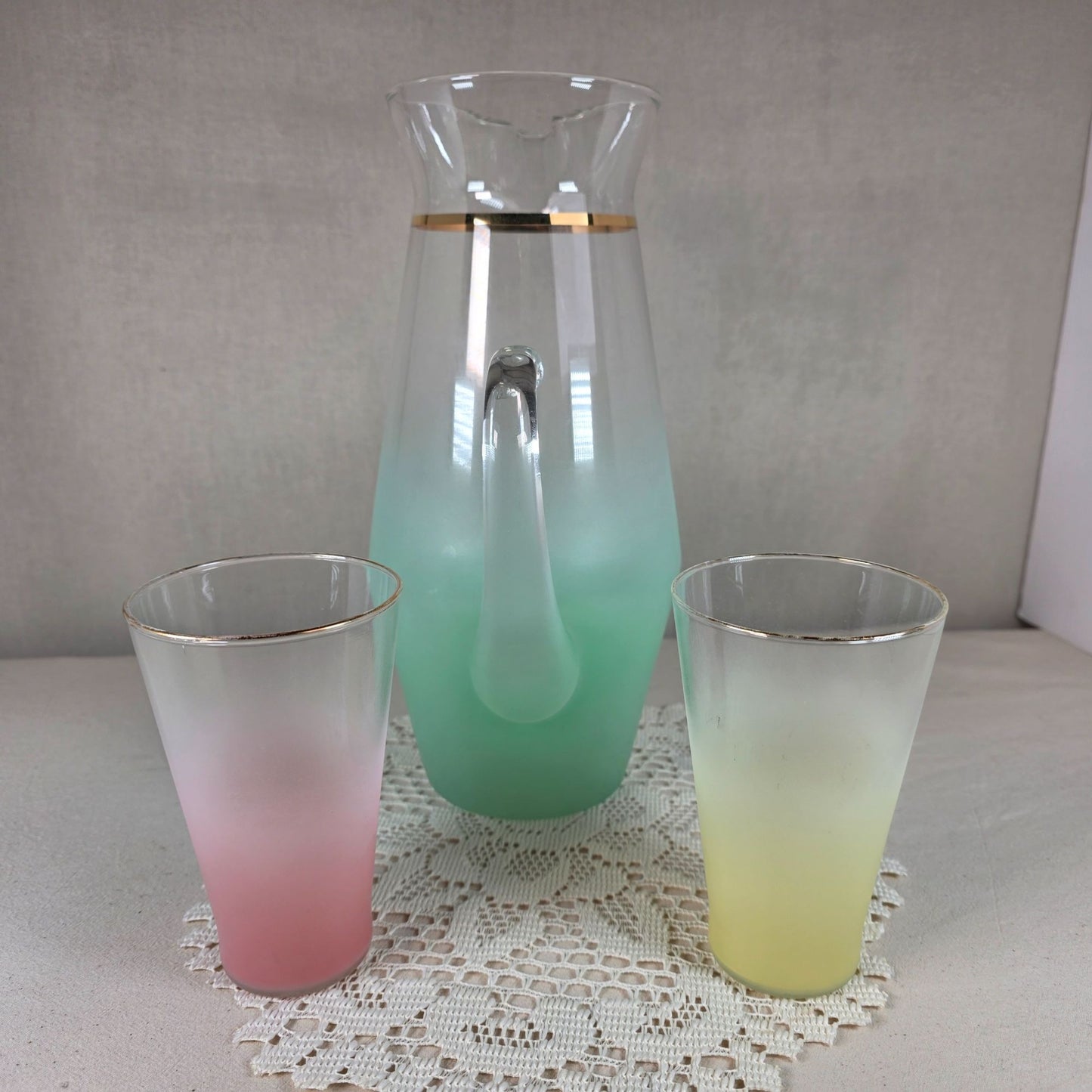 Mid-Century Modern Frosted Glass Pitcher & Two Tumblers With Gold Rim