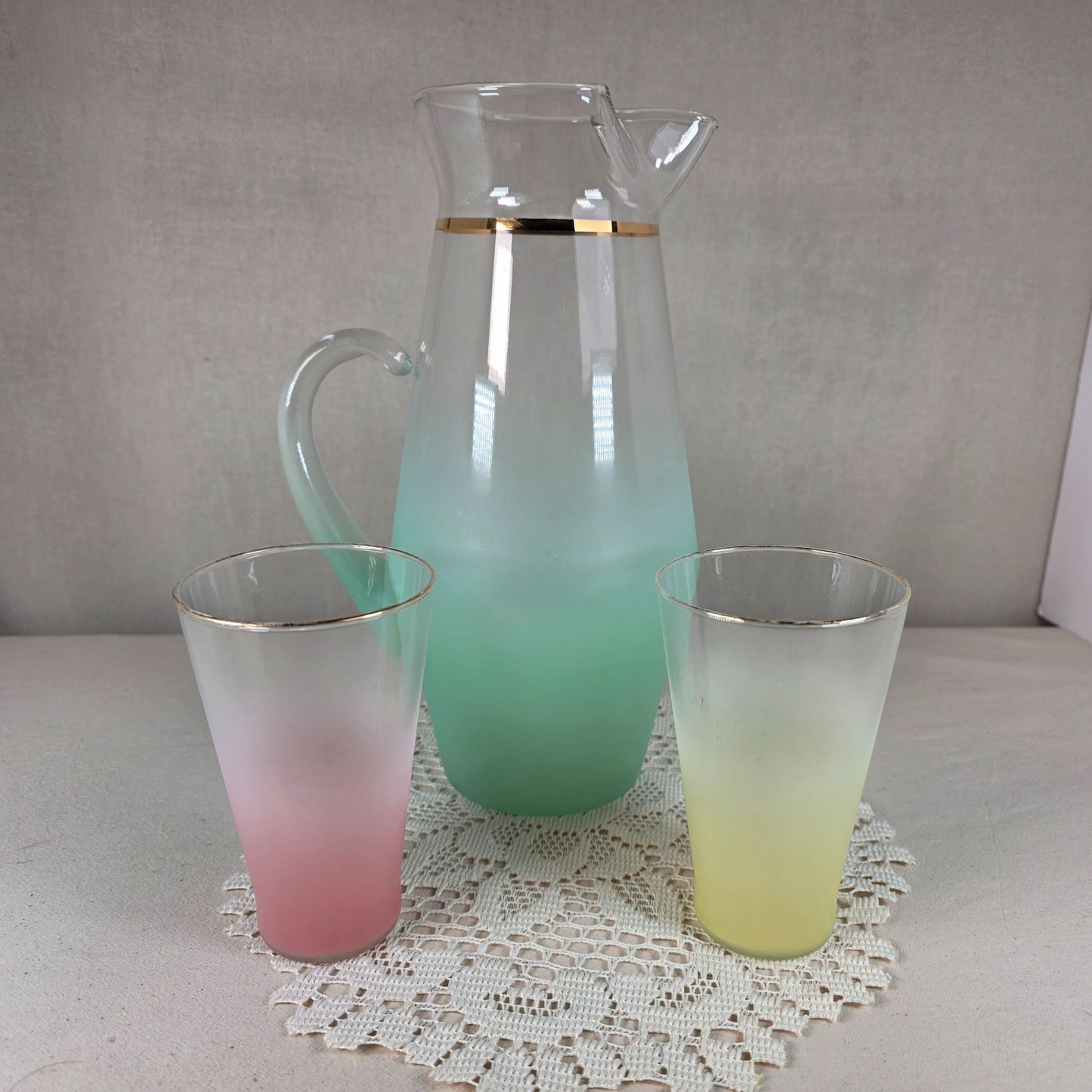 Mid-Century Modern Frosted Glass Pitcher & Two Tumblers With Gold Rim
