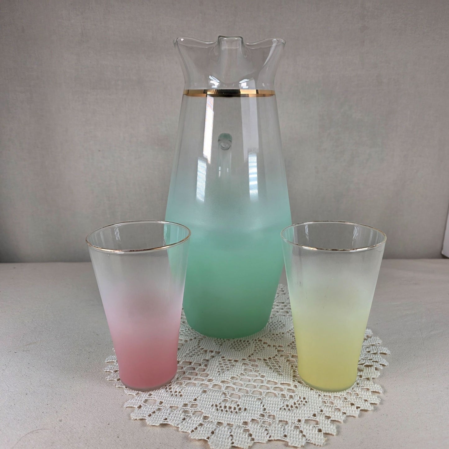 Mid-Century Modern Frosted Glass Pitcher & Two Tumblers With Gold Rim