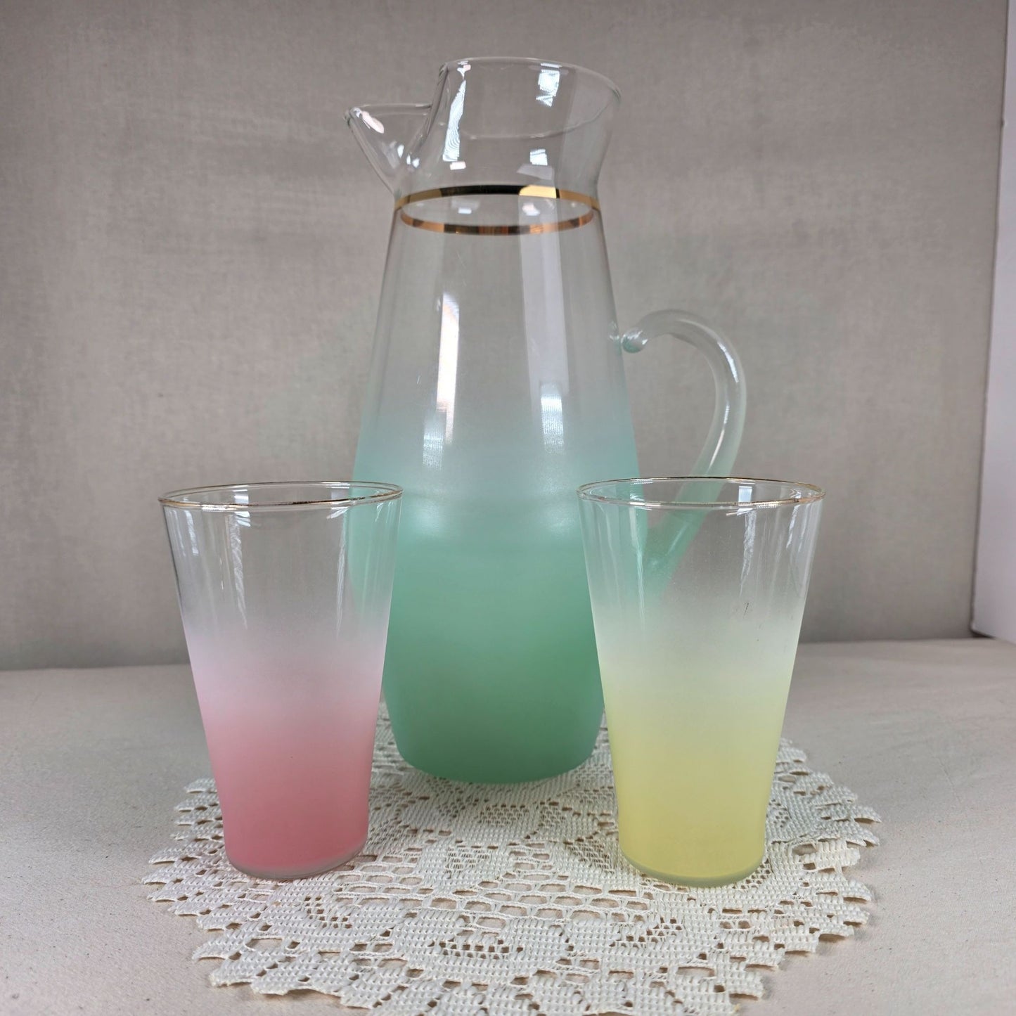 Mid-Century Modern Frosted Glass Pitcher & Two Tumblers With Gold Rim