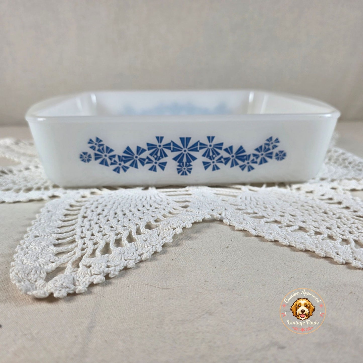 Glasbake White Milk Glass Casserole Dish Blue Pinwheel Flower Pattern 9x9 Square Vintage 1950s/1960s Bakeware