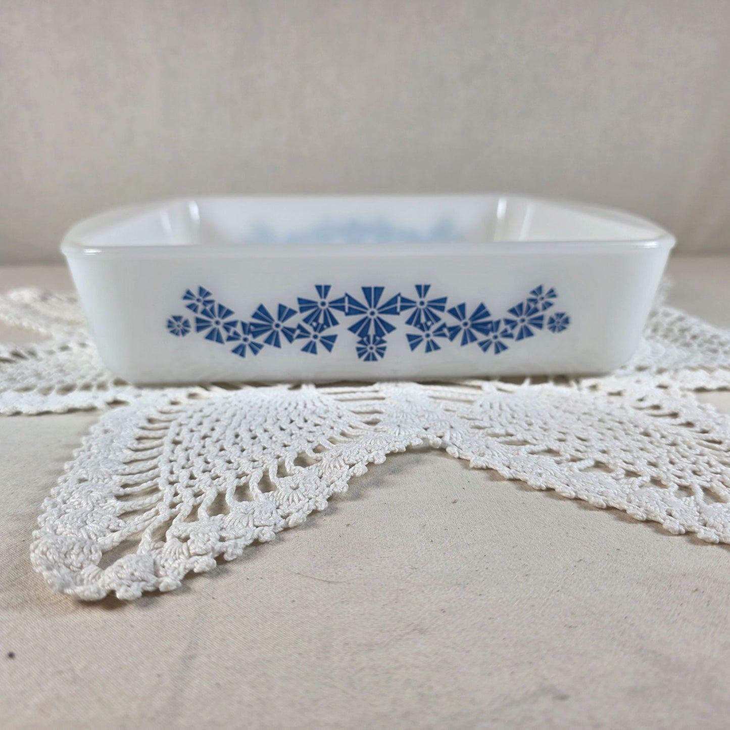 Glasbake White Milk Glass Casserole Dish Blue Pinwheel Flower Pattern 9x9 Square Vintage 1950s/1960s Bakeware
