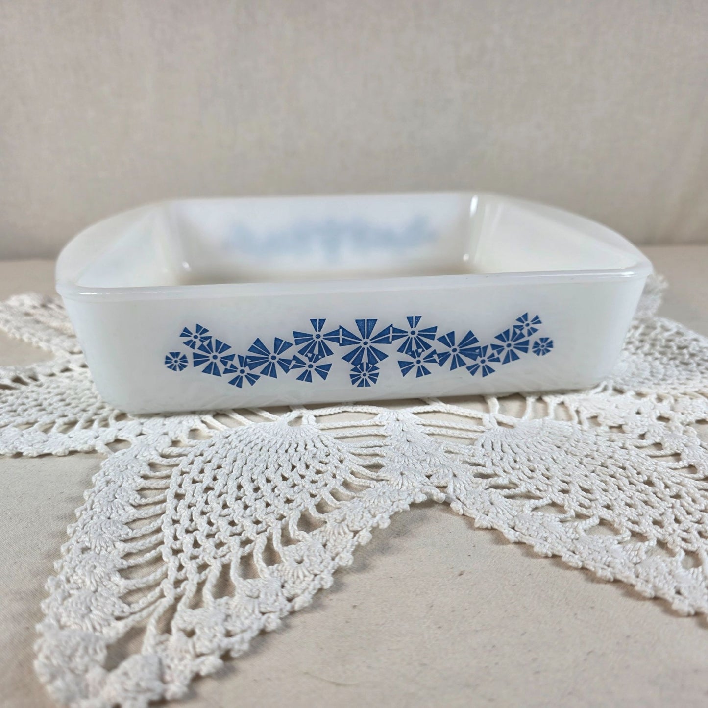 Glasbake White Milk Glass Casserole Dish Blue Pinwheel Flower Pattern 9x9 Square Vintage 1950s/1960s Bakeware