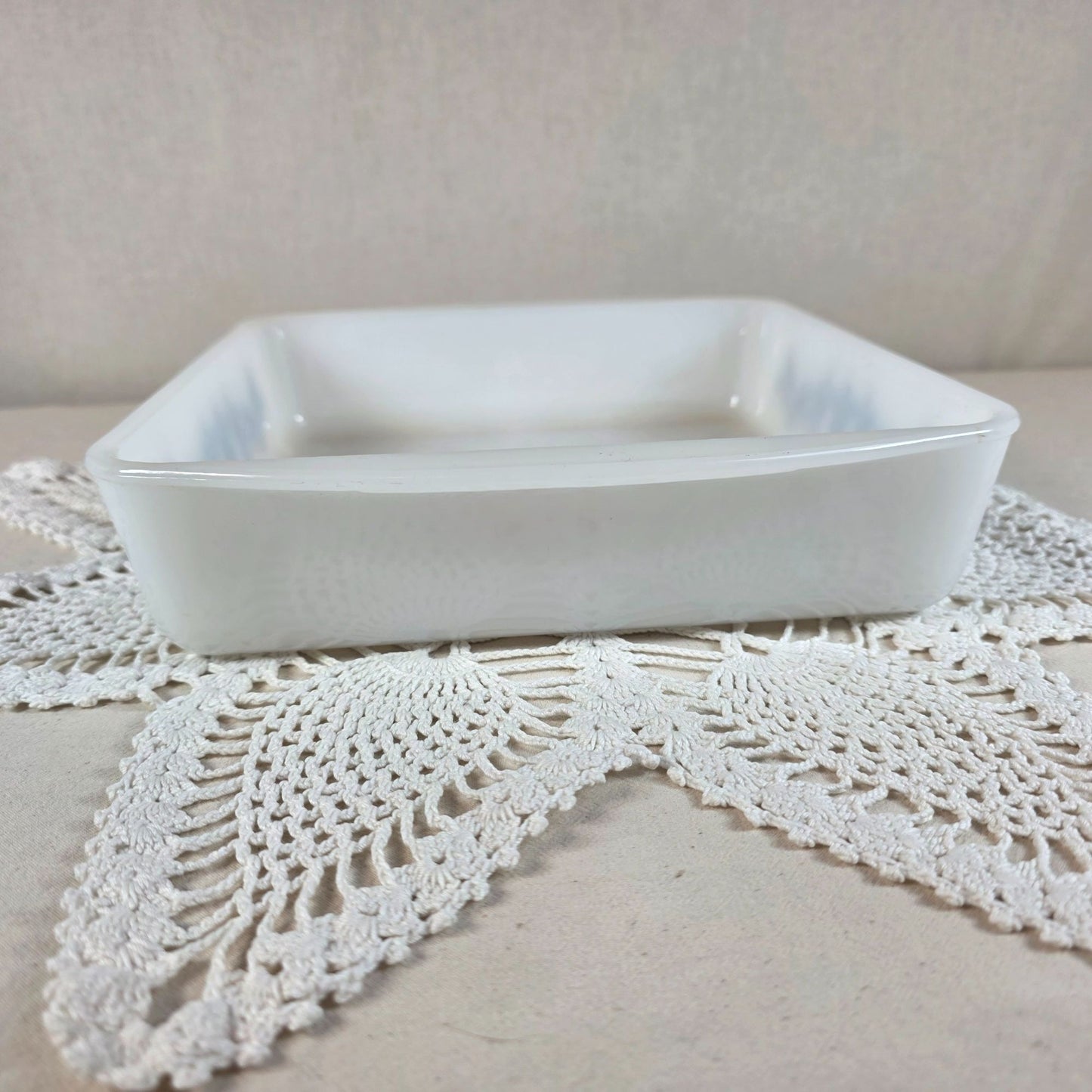 Glasbake White Milk Glass Casserole Dish Blue Pinwheel Flower Pattern 9x9 Square Vintage 1950s/1960s Bakeware