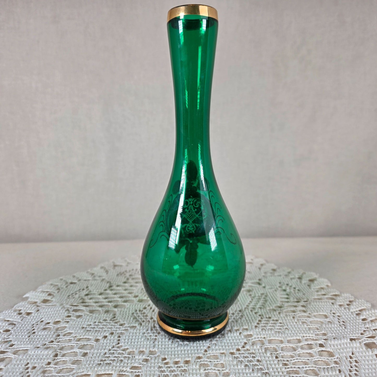 Vintage Nasco Japan Green Glass Bud Vase With Gold & Hand-Painted Floral Design