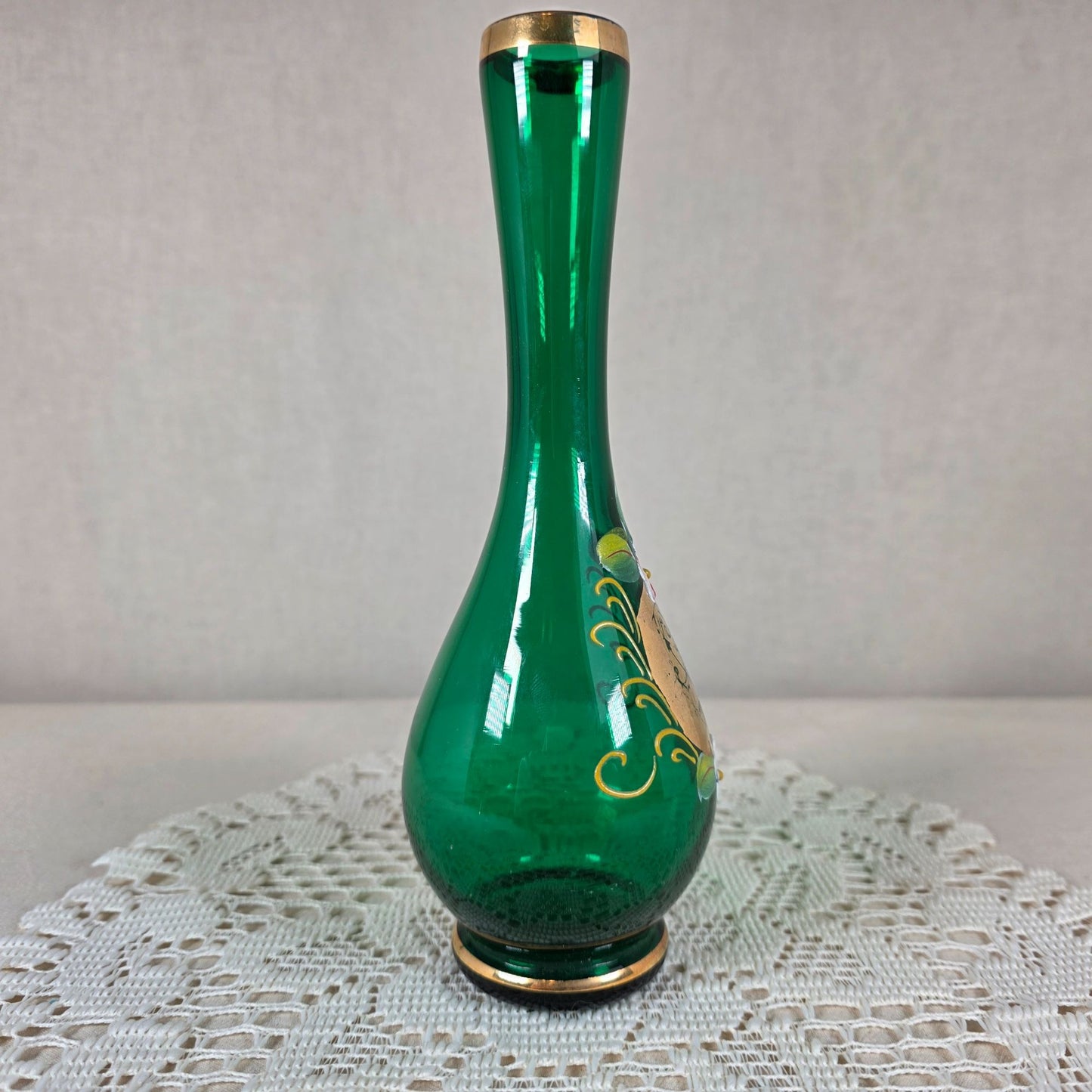 Vintage Nasco Japan Green Glass Bud Vase With Gold & Hand-Painted Floral Design