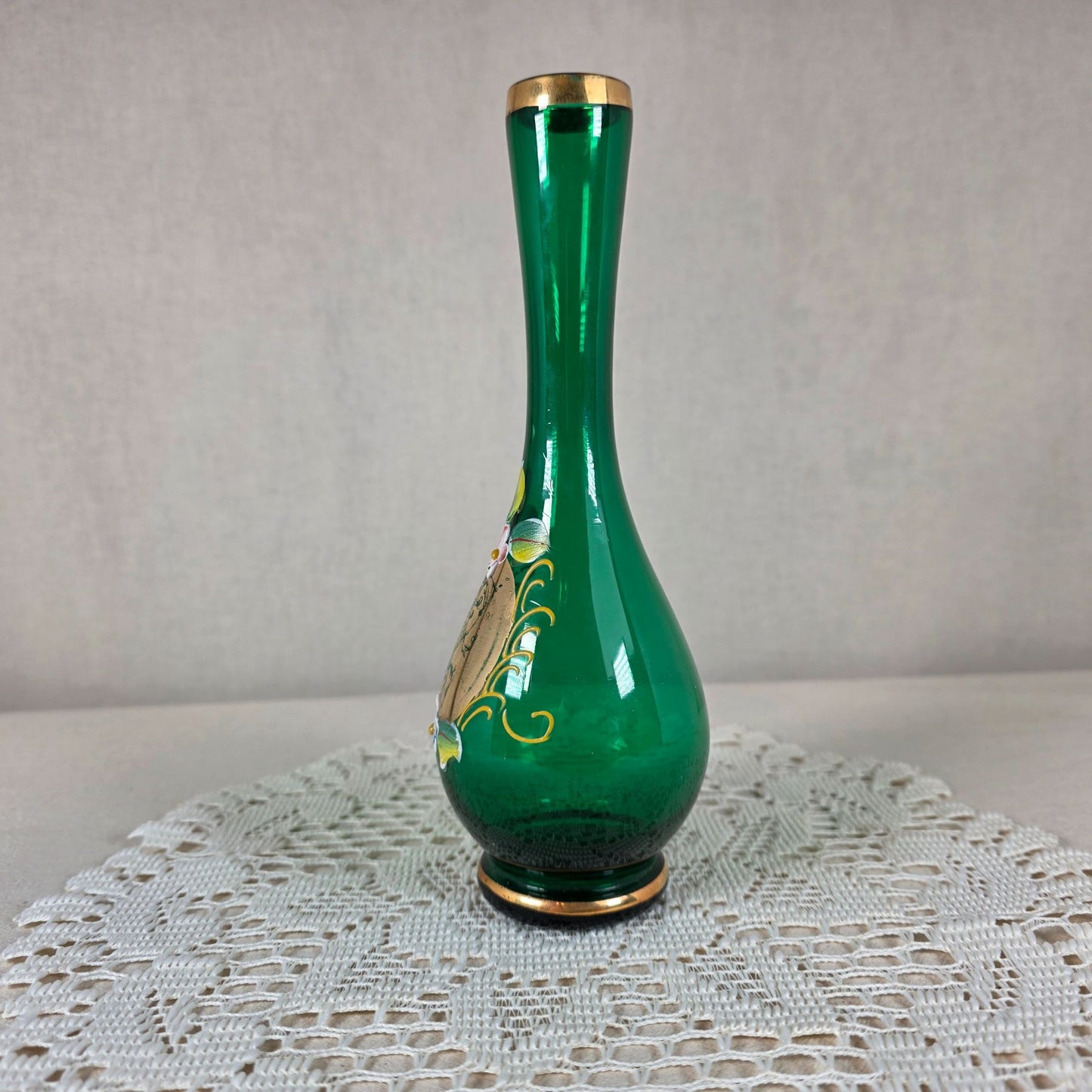 Vintage Nasco Japan Green Glass Bud Vase With Gold & Hand-Painted Floral Design