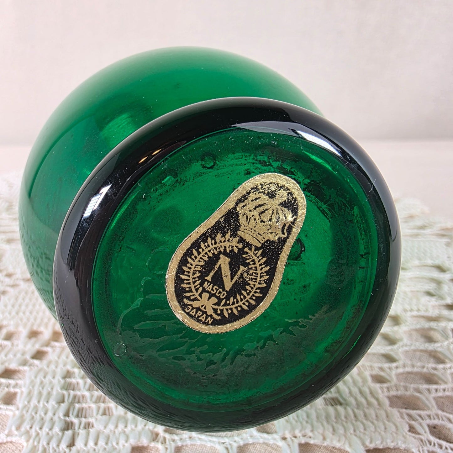 Vintage Nasco Japan Green Glass Bud Vase With Gold & Hand-Painted Floral Design