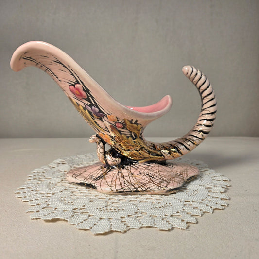 Vintage Hull Pottery Pink Ceramic Cornucopia Vase With Gold Accents & Floral Design