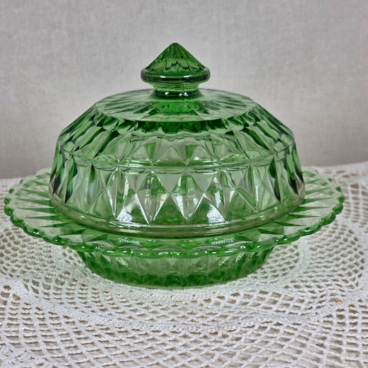 Vintage Uranium Glass Covered Butter Dish Round Diamond Pattern Scalloped Plate Glows UV