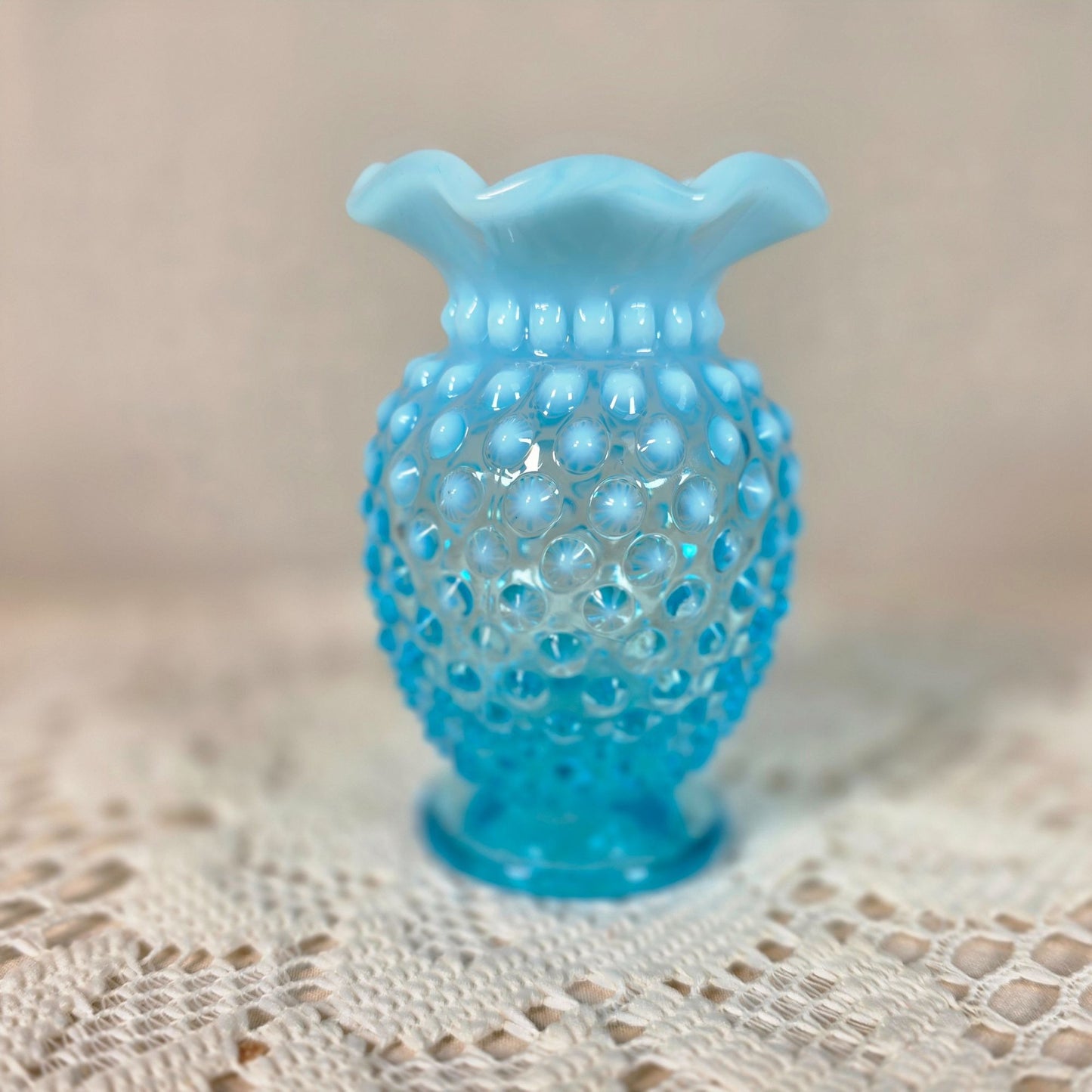 Fenton Blue Opalescent small glass vase with Ruffled rim 3 1/2"