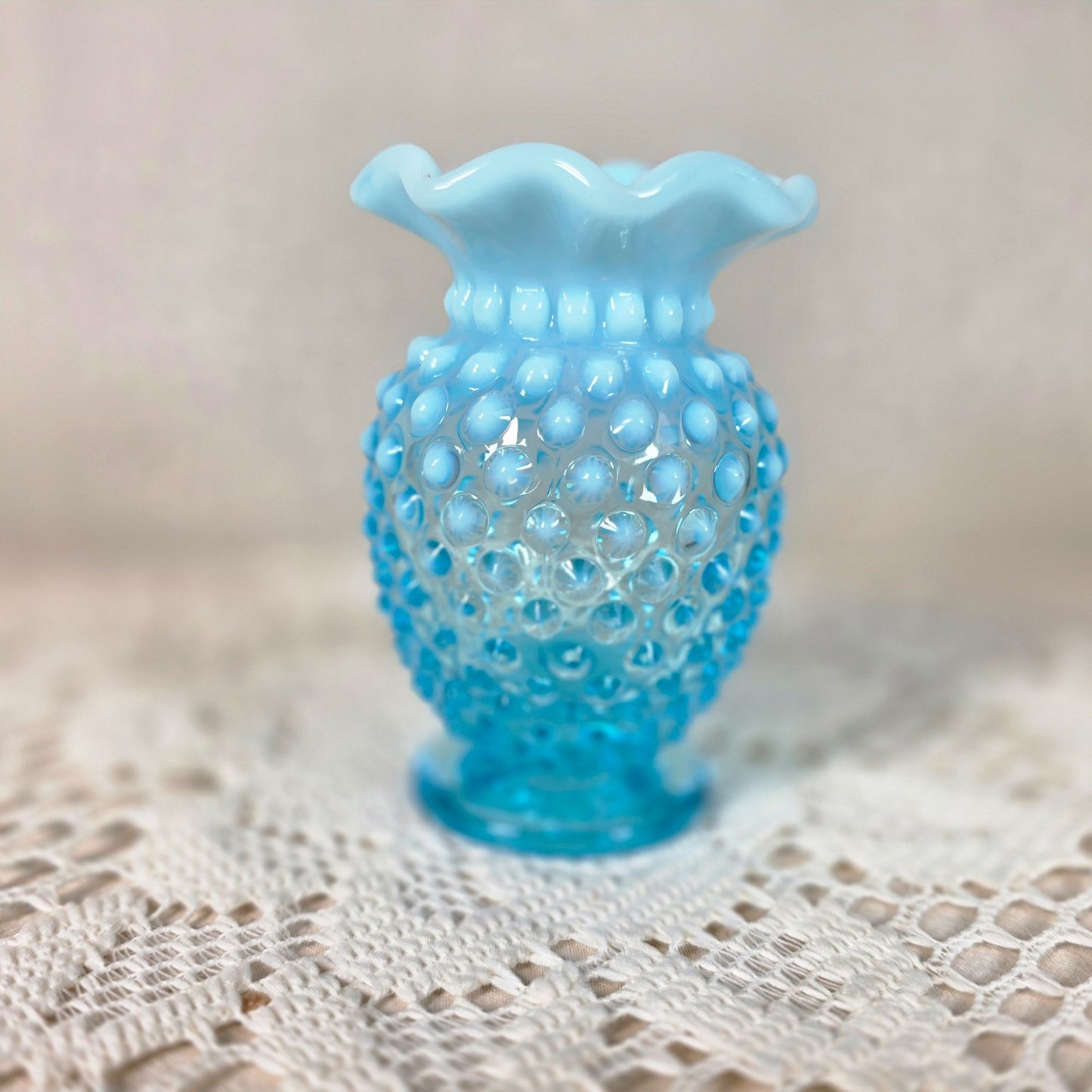 Fenton Blue Opalescent small glass vase with Ruffled rim 3 1/2"
