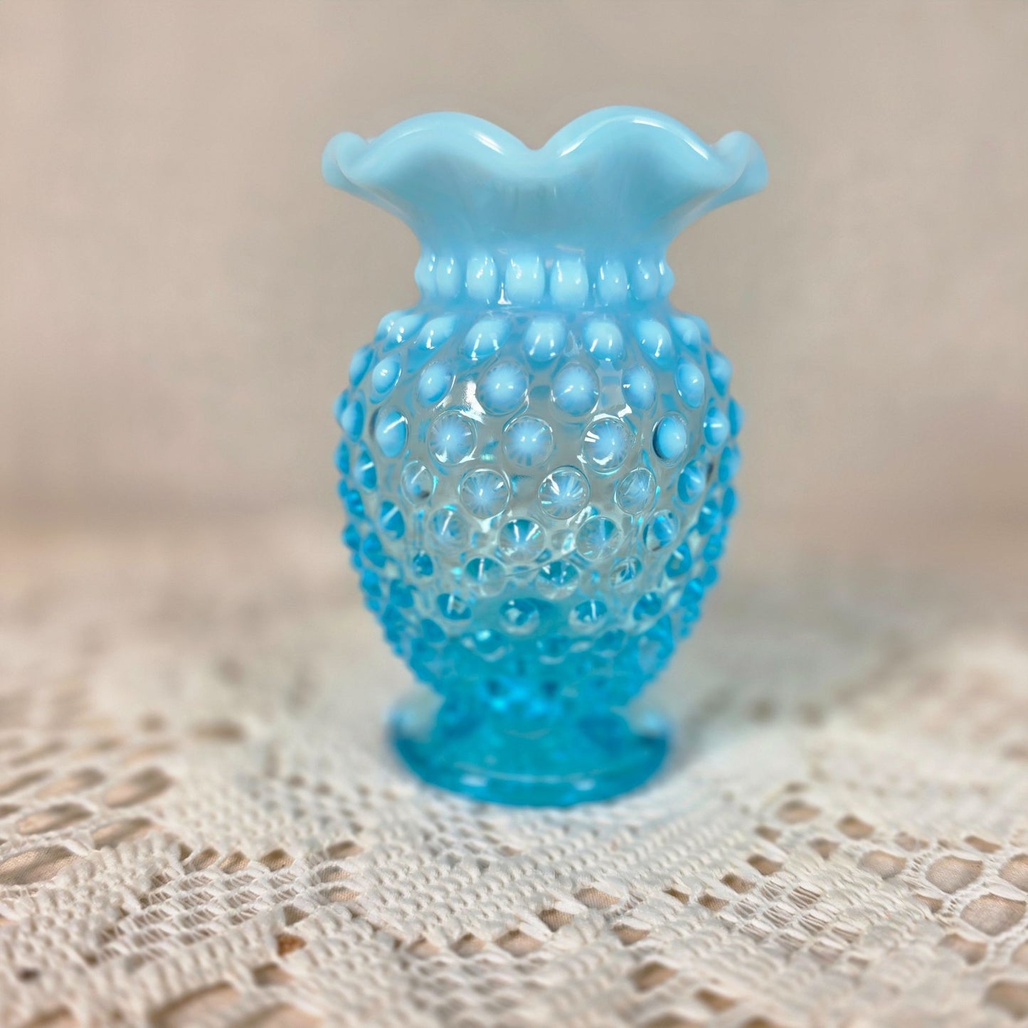 Fenton Blue Opalescent small glass vase with Ruffled rim 3 1/2"