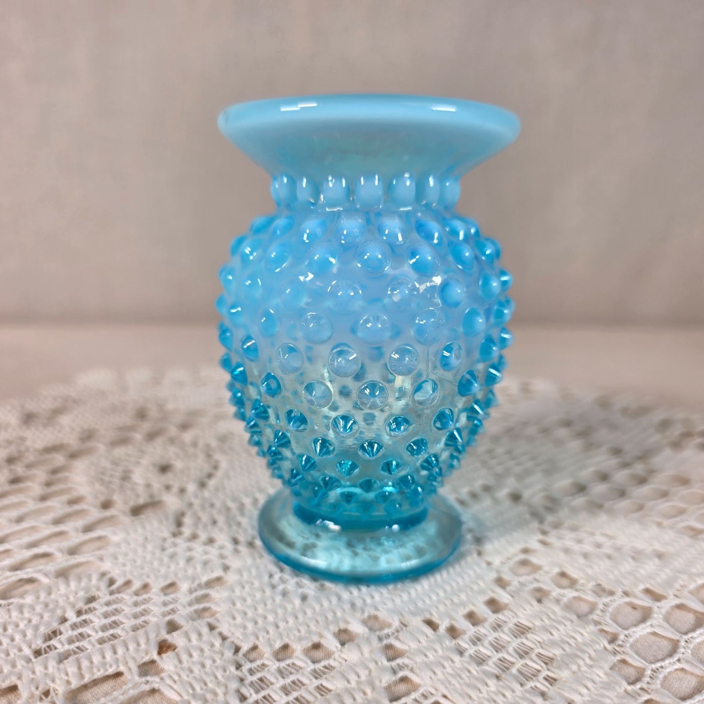 Fenton Blue Opalescent small glass vase with Ruffled rim 3 1/2"
