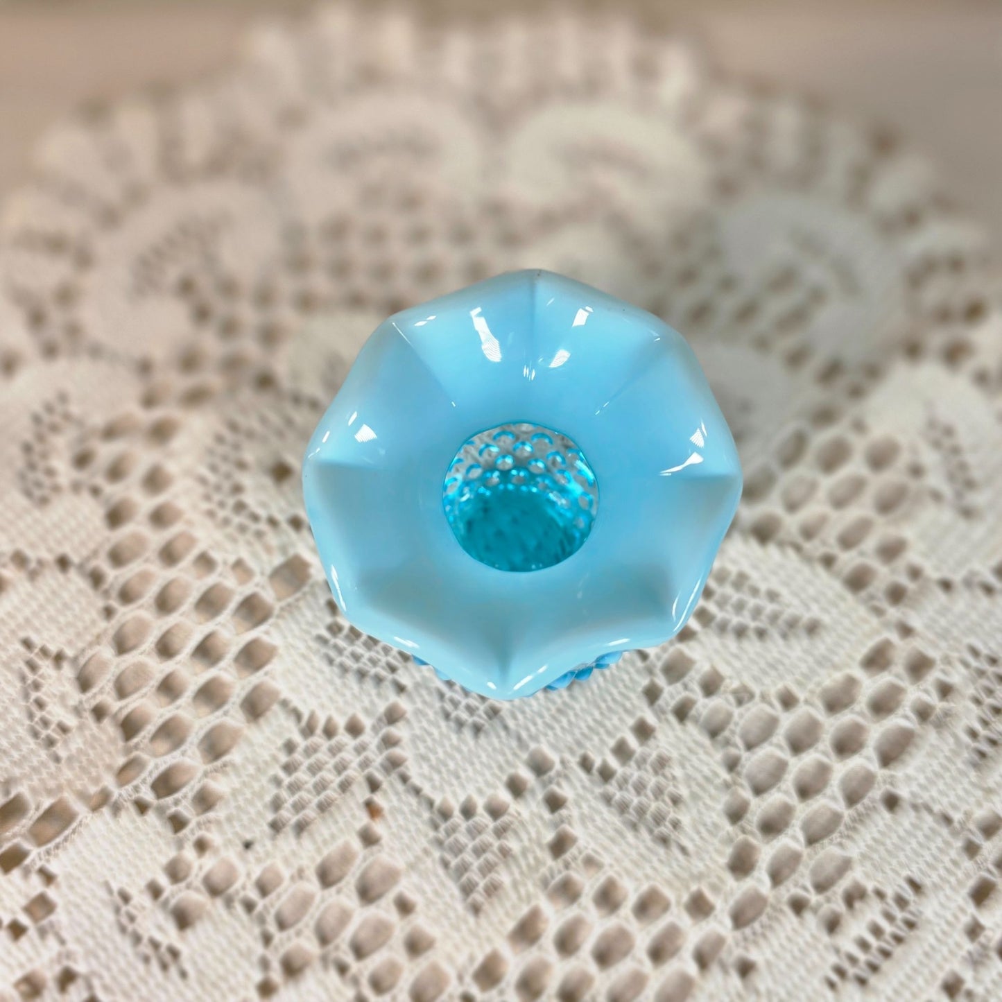 Fenton Blue Opalescent small glass vase with Ruffled rim 3 1/2"