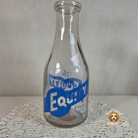Vintage Equity Milk Bottle Sioux City Iowa Blue Pyro ACL Glass Dairy Farmhouse Decor