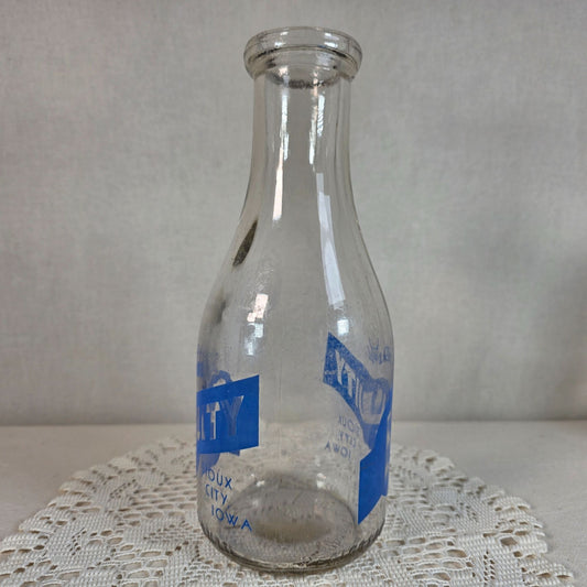 Vintage Equity Milk Bottle Sioux City Iowa Blue Pyro ACL Glass Dairy Farmhouse Decor
