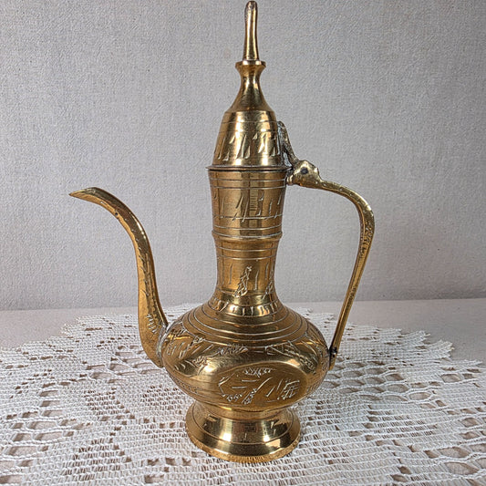 Vintage Engraved Brass India Water Pitcher Dallah Ewer Collectible 6"