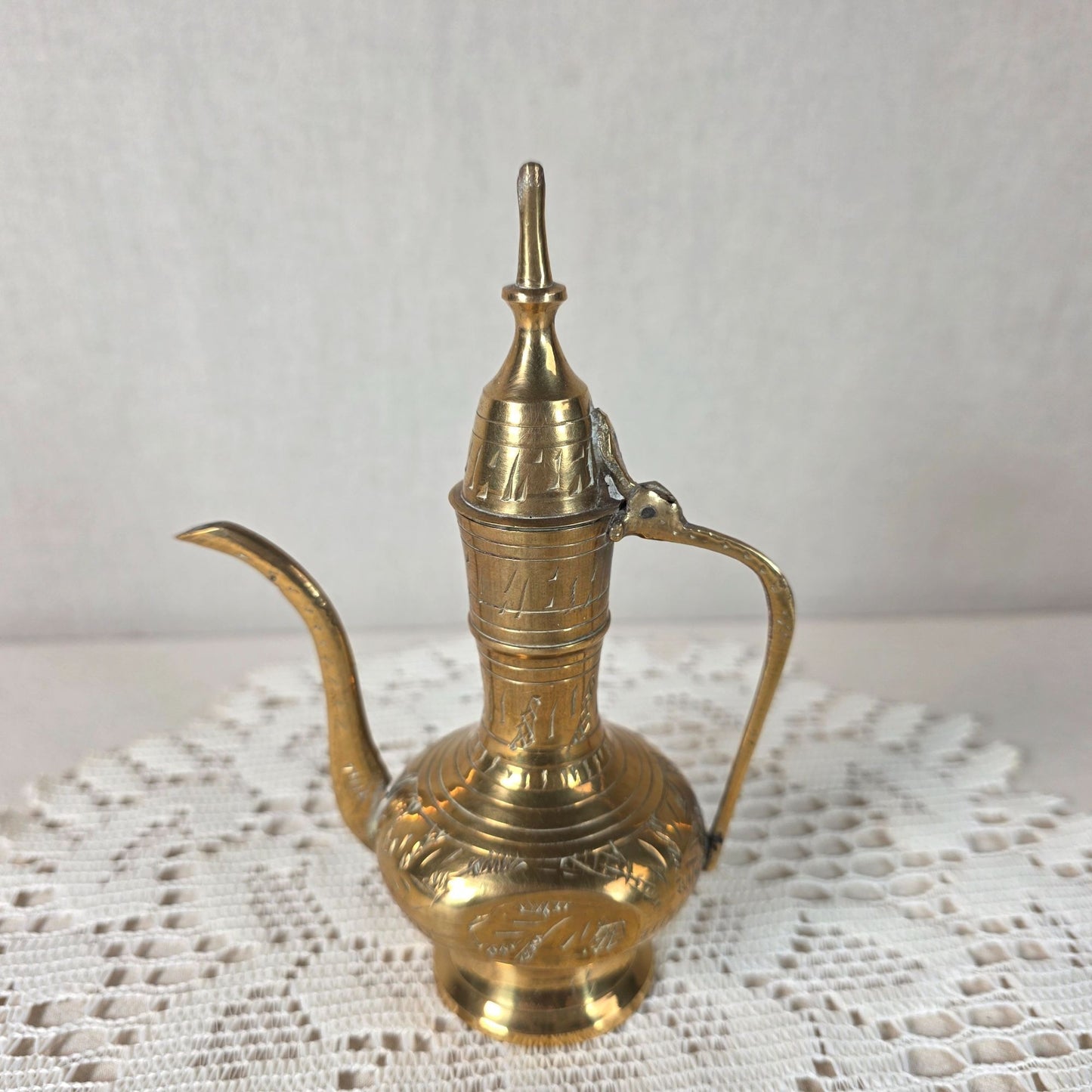 Vintage Engraved Brass India Water Pitcher Dallah Ewer Collectible 6"
