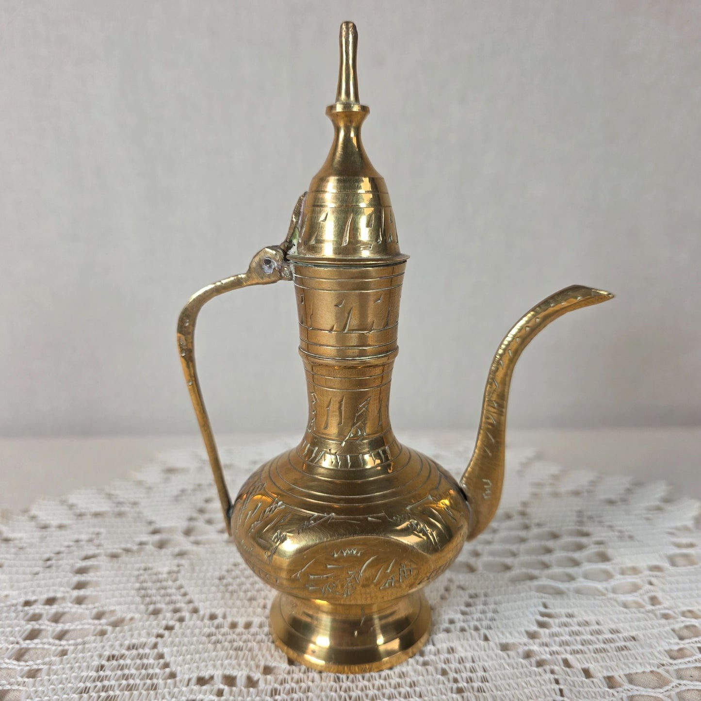 Vintage Engraved Brass India Water Pitcher Dallah Ewer Collectible 6"