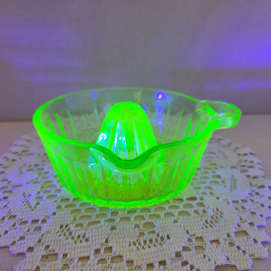 Vintage Uranium Glass Citrus Juicer Reamer Depression Glass Green UV Reactive