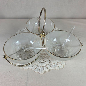 Libbey MCM Frosted Glass Relish Condiment 3 Bowl Set With Gold Toned Metal Caddy & Clear Plastic Spoons