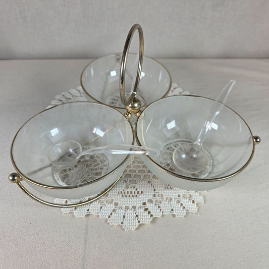 Libbey MCM Frosted Glass Relish Condiment 3 Bowl Set With Gold Toned Metal Caddy & Clear Plastic Spoons