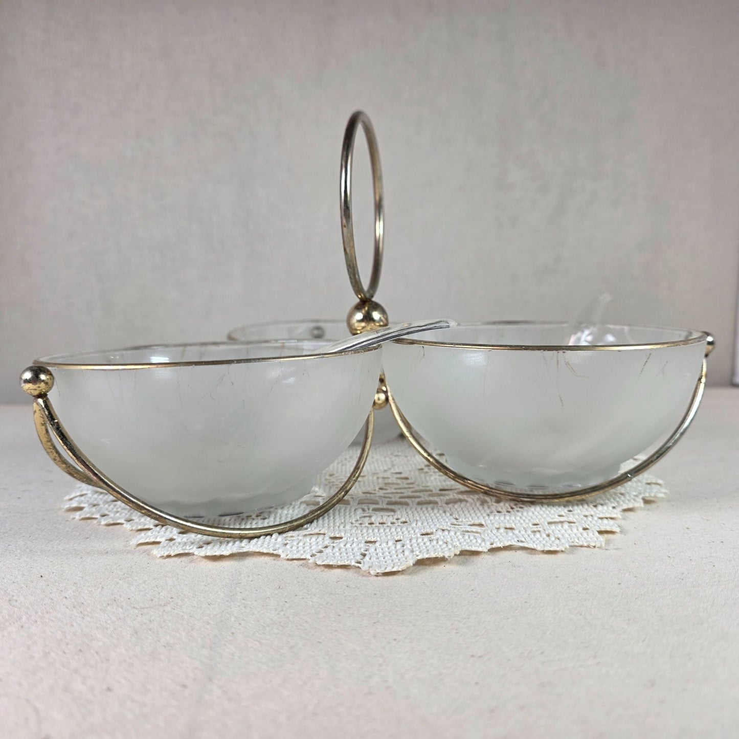 Libbey MCM Frosted Glass Relish Condiment 3 Bowl Set With Gold Toned Metal Caddy & Clear Plastic Spoons