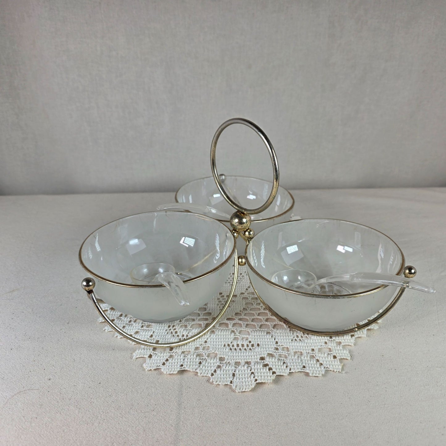 Libbey MCM Frosted Glass Relish Condiment 3 Bowl Set With Gold Toned Metal Caddy & Clear Plastic Spoons