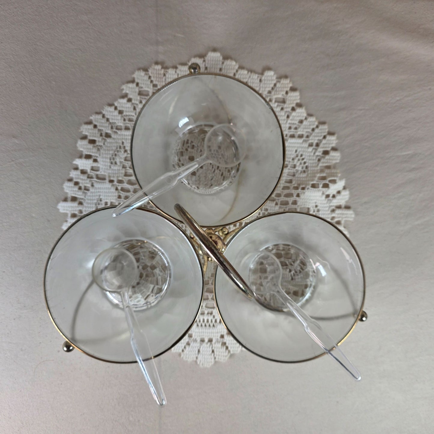 Libbey MCM Frosted Glass Relish Condiment 3 Bowl Set With Gold Toned Metal Caddy & Clear Plastic Spoons