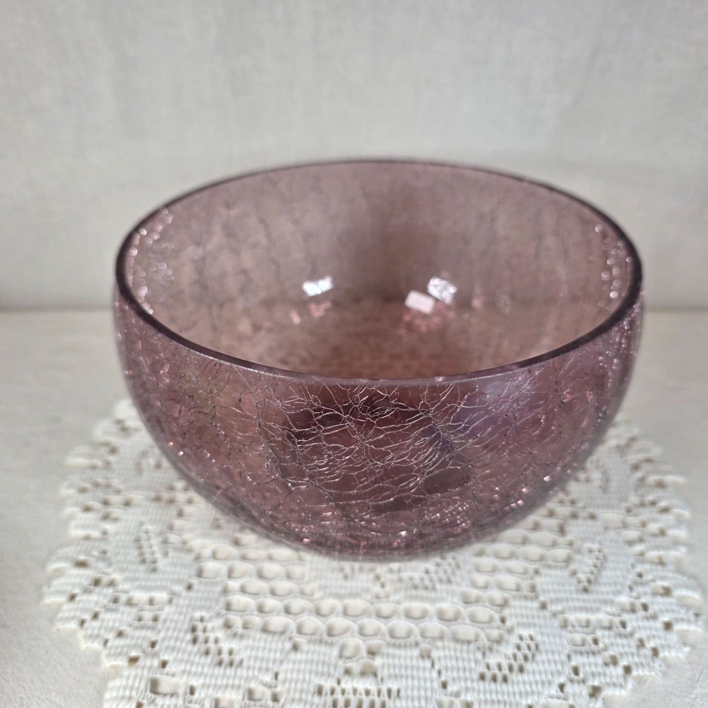 Amethyst Crackle Glass Bowl Decorative Centerpiece 7" Diameter
