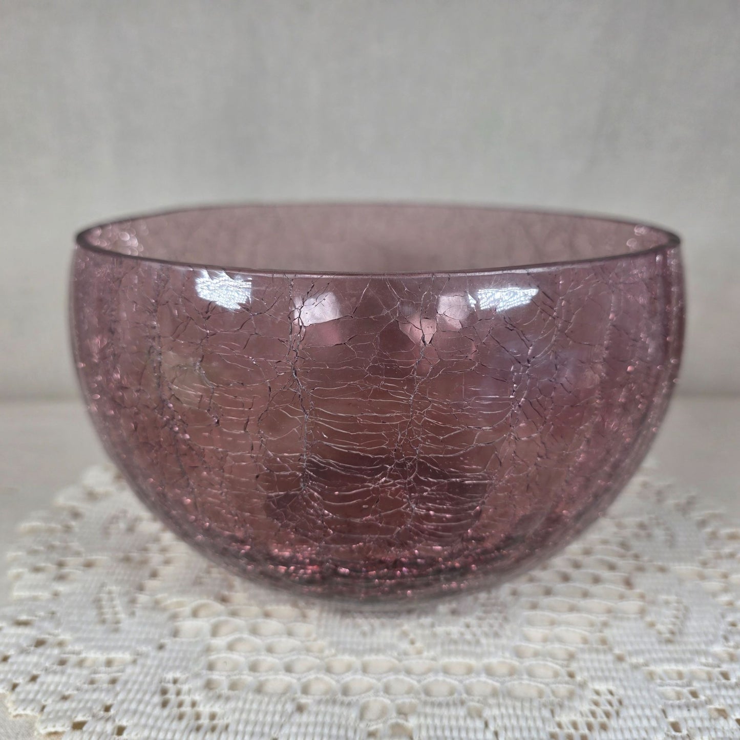 Amethyst Crackle Glass Bowl Decorative Centerpiece 7" Diameter