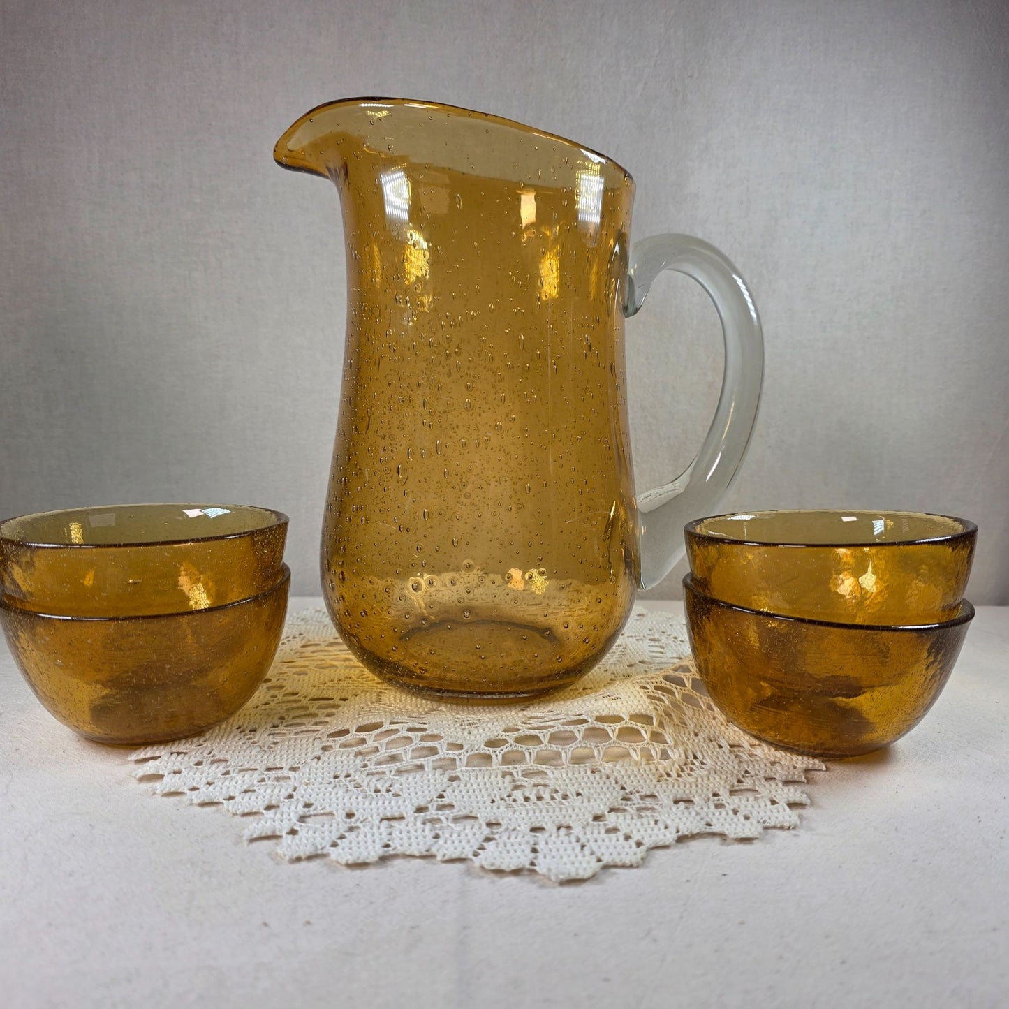 Vintage Amber Bubble Glass Pitcher and 4 Bowls Set Mid Century Hand Blown Style