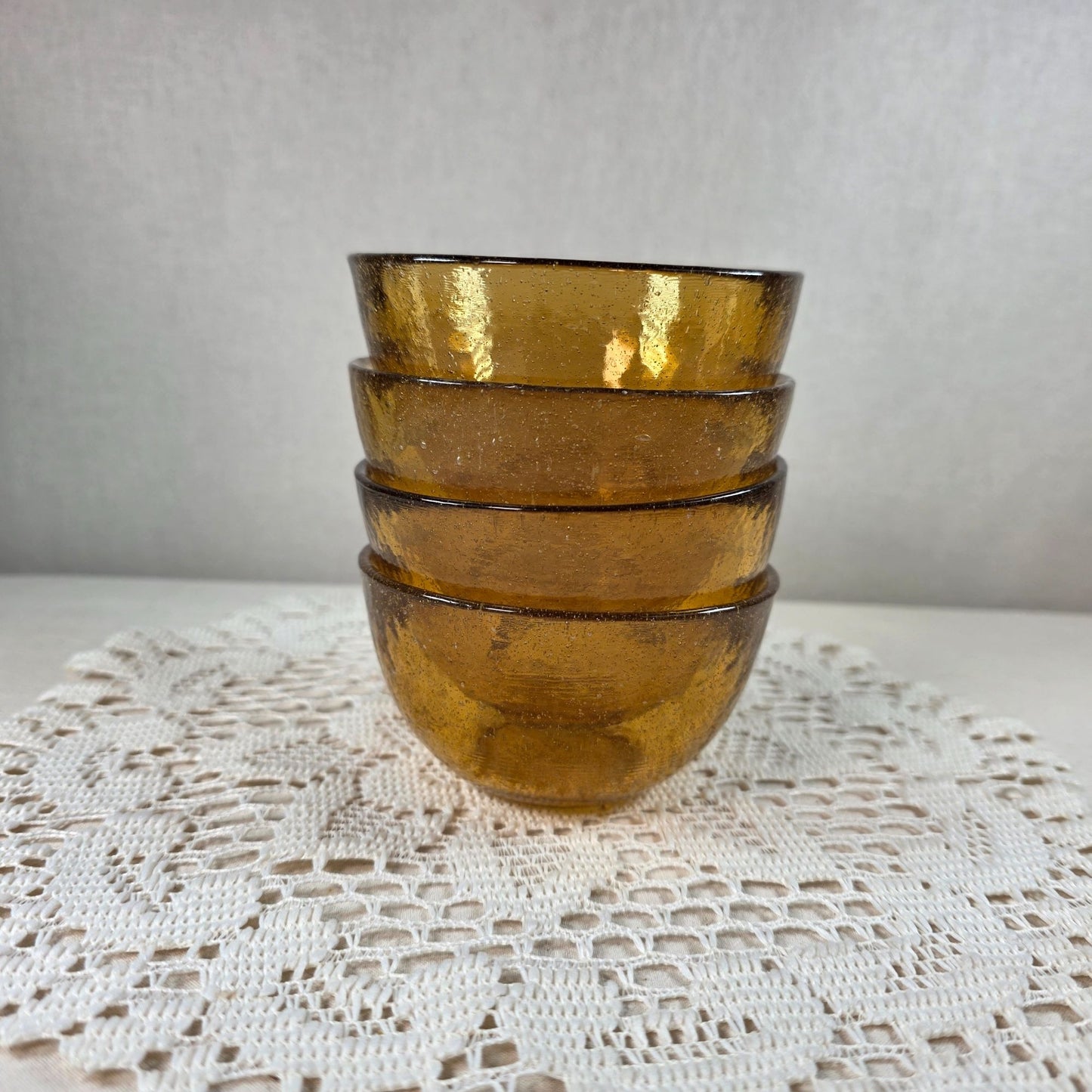 Vintage Amber Bubble Glass Pitcher and 4 Bowls Set Mid Century Hand Blown Style