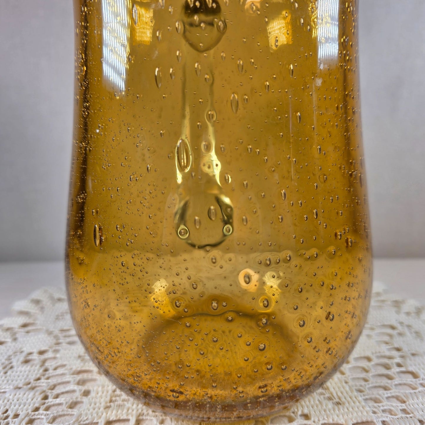 Vintage Amber Bubble Glass Pitcher and 4 Bowls Set Mid Century Hand Blown Style