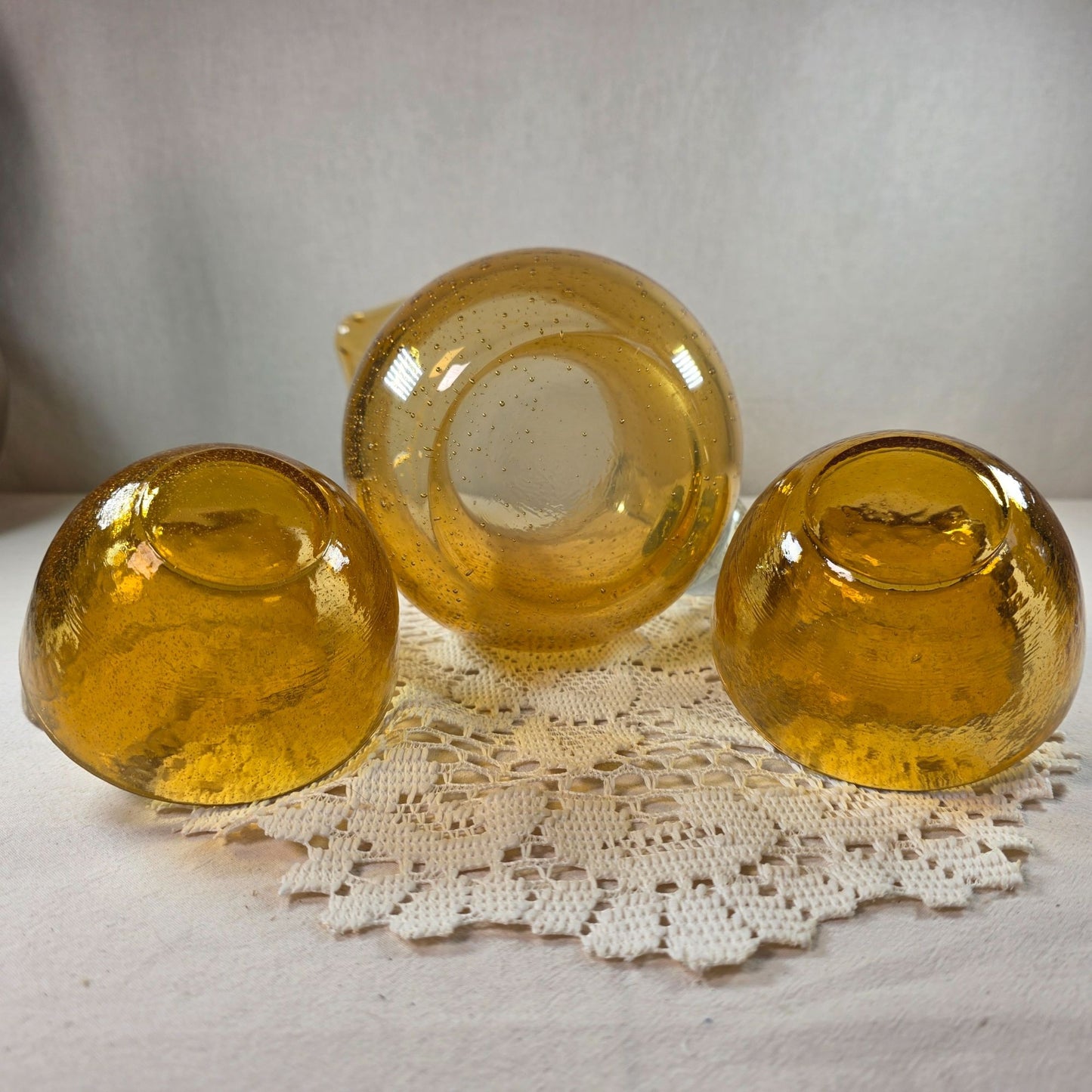 Vintage Amber Bubble Glass Pitcher and 4 Bowls Set Mid Century Hand Blown Style