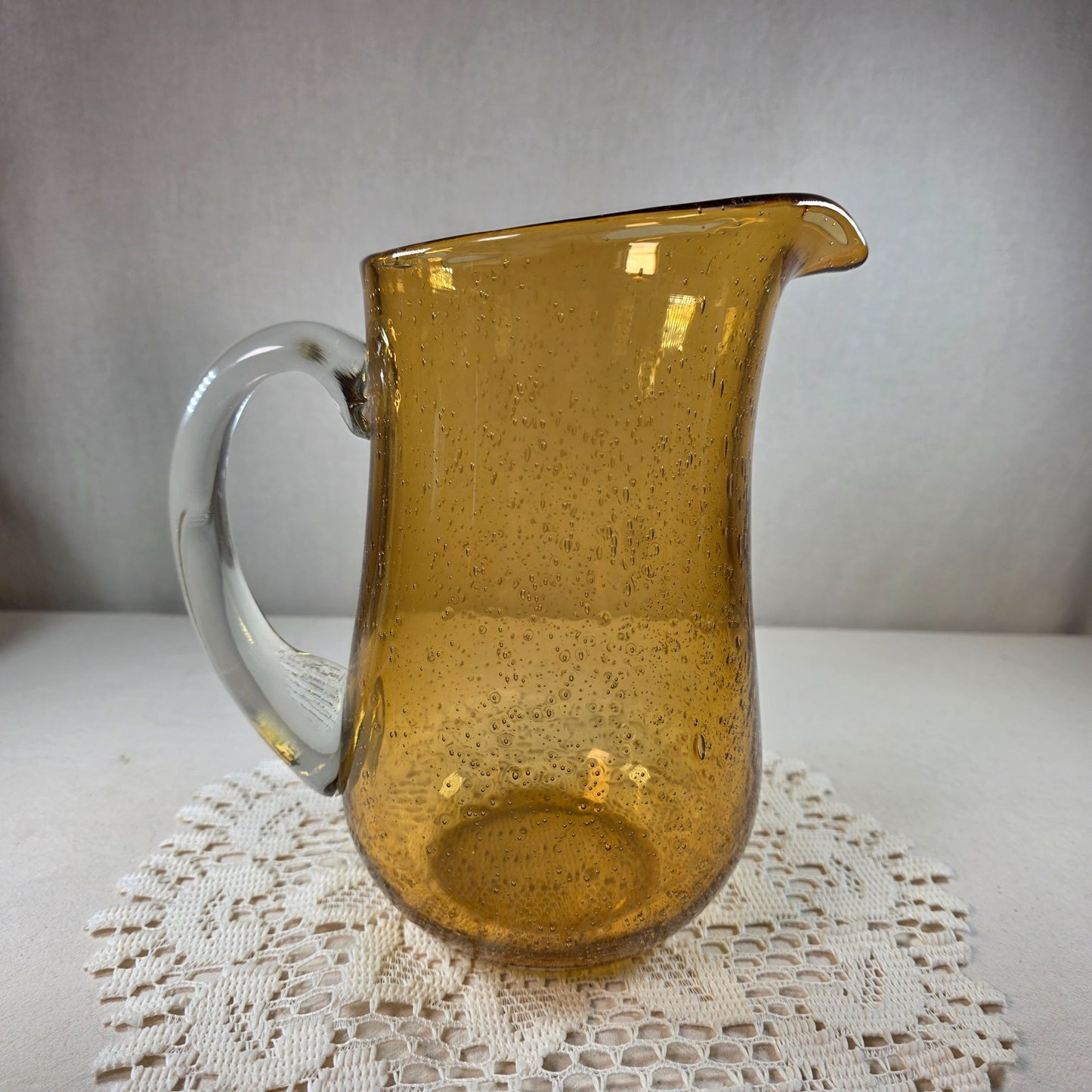 Vintage Amber Bubble Glass Pitcher and 4 Bowls Set Mid Century Hand Blown Style
