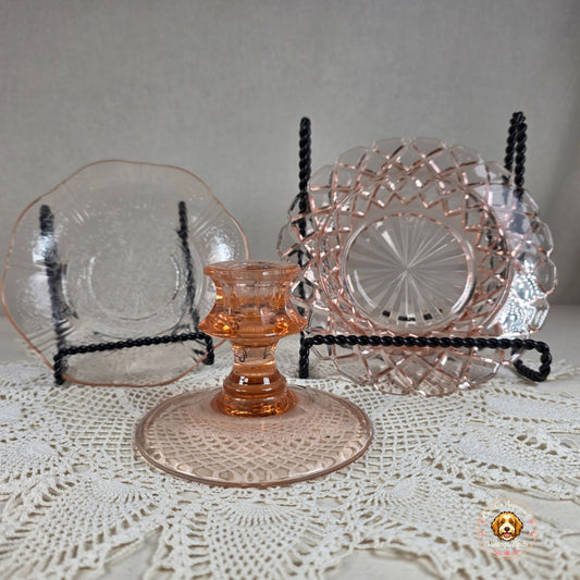 Vintage Pink Depression Glass Lot Candlestick & 2 Decorative Plates Art Deco Cottage