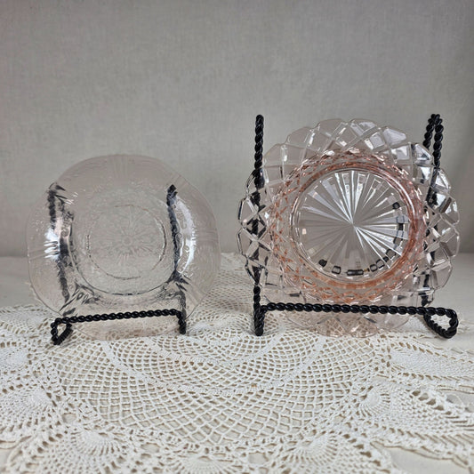 Vintage Pink Depression Glass Lot Candlestick & 2 Decorative Plates Art Deco Cottage